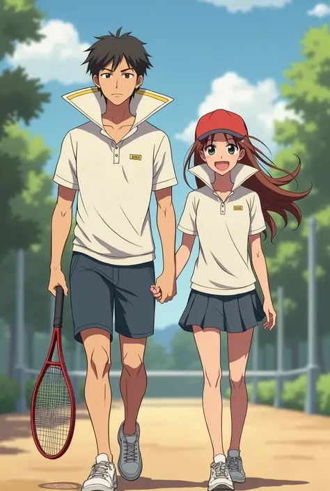 anime preppy boyfriend wearing a massive popped collar polo thats taller than his head while walking with with his preppy popped collar girlfriend while playing tennis with both their backs facing towards the audience