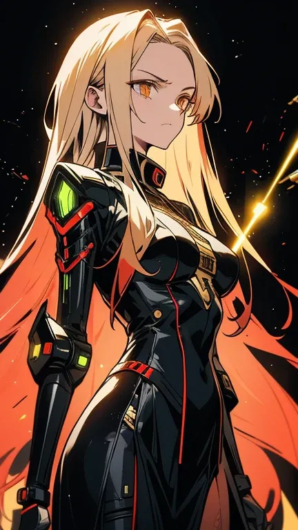 General open plane , full-bodied woman,  Very long golden hair.  She carries a laser gun in each hand, slender woman,  futuristic-style clothing .  In the background you can see the remains of damaged robots. Overhead light falls on her , she is levitating...