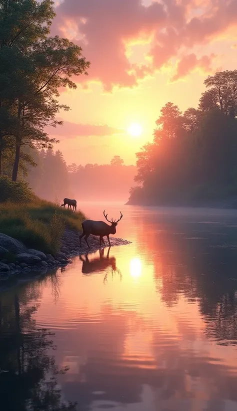 "A serene river scene at sunset, with golden light reflecting off the water. Trees and wildlife surround the river, with animals like deer drinking from it, and the sky is filled with soft pink and orange hues. The water is calm, and the mood is tranquil a...