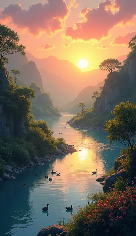 "A gentle river flowing through a peaceful, colorful landscape at sunset, with reflections of orange and pink hues on the water. Wildlife is present by the riverbank, and a soft glow fills the scene. Highly detailed, vibrant colors, with warm, gentle light...