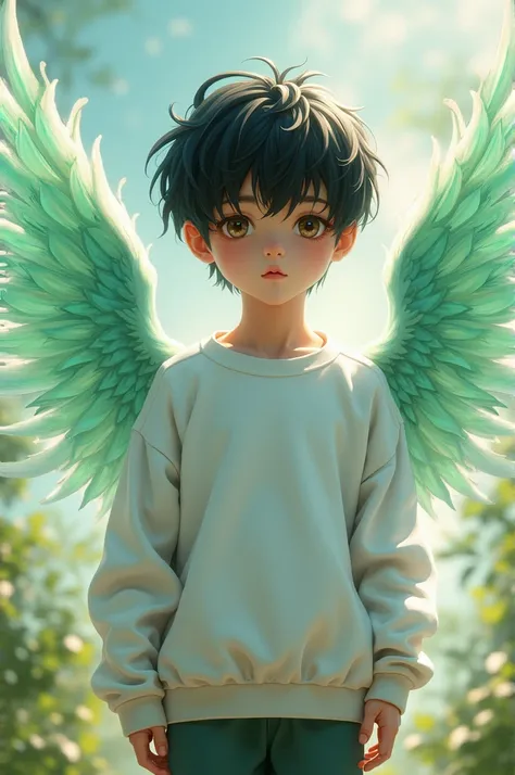 A boy with black hair and a white sweatshirt with green wings