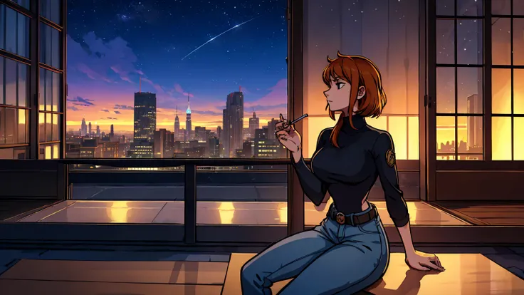 "A young woman with short auburn hair sits on the edge of a rooftop at night, gazing out over a quiet cityscape illuminated by distant city lights. She is wearing a black turtleneck and jeans, with her legs casually folded beneath her as she holds a cigare...