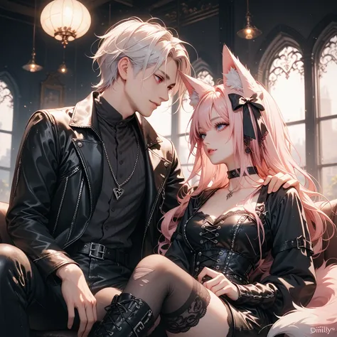 2 characters, ((Fox Ears)), ((First female, Long pink hair, Fox ears, Blue eyes)), black lace-up corset top, layered tattered black skirt, knee-high lace boots, ((Second Male Short white hair, Fox ears, Red eyes)), fitted black trench coat, dark velvet shi...