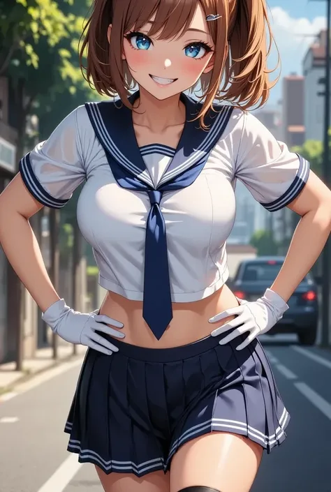 Black high leg pants,((((((( Ultra Micro Miniskirt))))))), ((((Low rise)))),  black panties, ((Elbow-length gloves)),  white gloves,  crop top, Sailor collar,  Blue Skirt , ((Close-fitting tops)), ((Midriff-baring Sailor Uniform)), drool ,  is standing, ((...