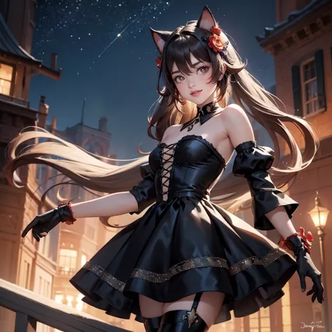 1girl, black maid dress, jewelry, dark blue hair, flowing hair, heterochromia, short hair, black maid dress with a short skirt and layers, black laces, black boots, black dress with transparency, gold details on her clothes, cat ears, animal ears,  more de...