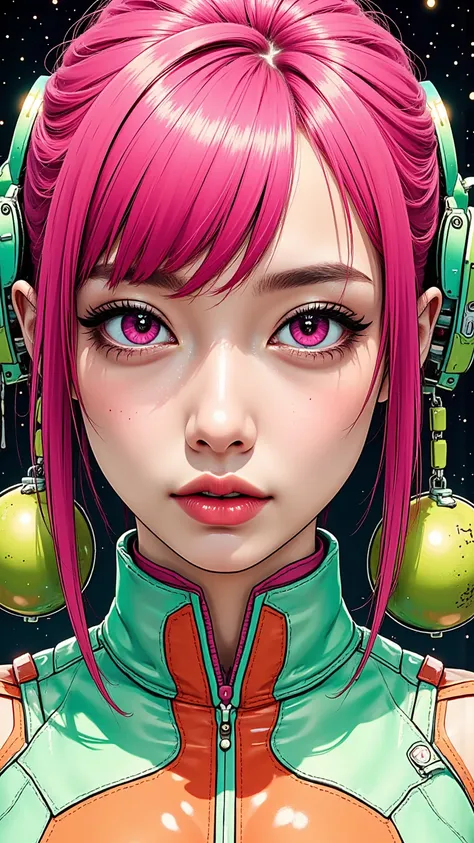 ((best quality)), ((masterpiece)), (detailed), perfect face of cyberpunk mecha japanese girl, neon pink body, neon pink hair, big neon pink eyes, ((monochromatic neon pink, orange and lime green color palette)), surreal, art nouveau, in the illustrative st...