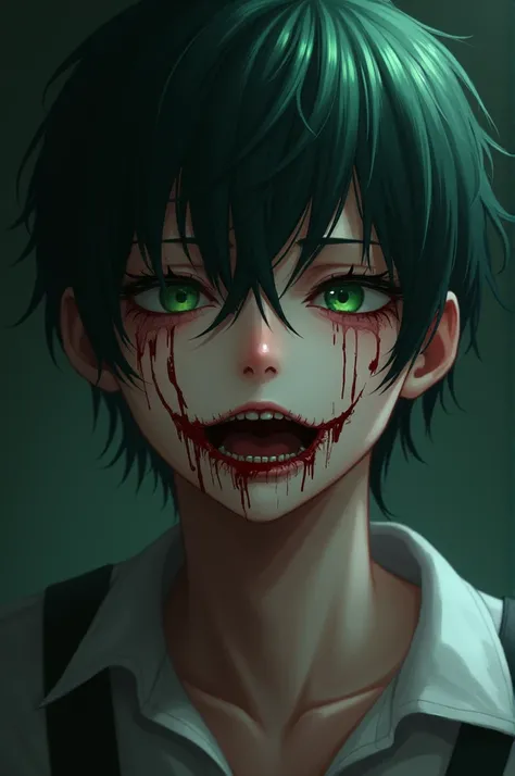 A young man, pelo verde oscuro,  long lower lashes , bloodstained face , only the face and part of the upper body