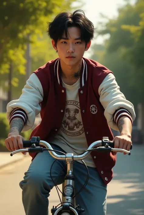 A young biracial Chinese monk with pale tan, glistening skin rides a bike on a suburban street, gazing directly at the camera with a focused expression. His loose, slightly wavy black hair gently frames his face, and tattoos—a spider web on his neck and a ...