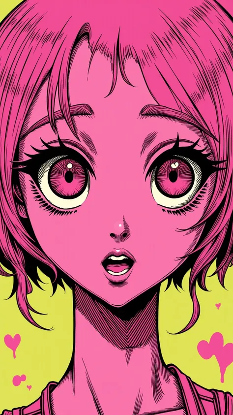 ((best quality)), ((masterpiece)), (detailed), perfect face of cyberpunk mecha japanese girl, neon pink body, neon pink hair, big neon pink eyes, ((monochromatic neon pink, orange and lime green color palette)), surreal, art nouveau, in the illustrative st...