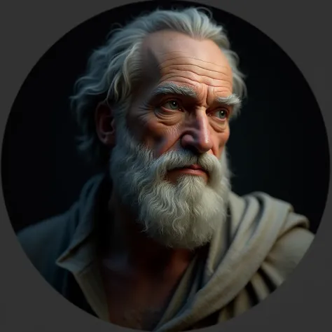 Socrates looking at death, very close with a circular frame and dark background with a calm look(imagen realista)