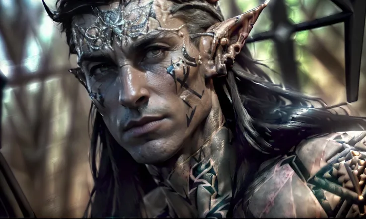 "((highly detailed, detailed eyes, detailed face, clear and realistic facial features, photorealistic, realistic light; cinematic)), (close up), (((mysterious male Tuatha de Danann))), ethereal-looking, ((((((wearing dark elven hunter clothing)))))), (((((...