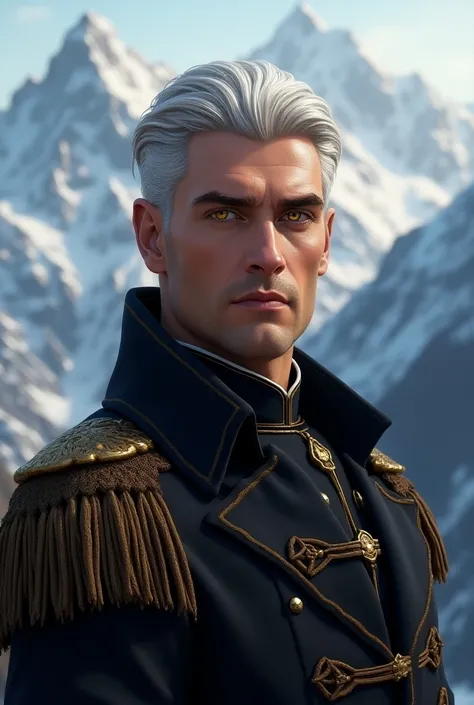 male,medium silver hair,yellow-gold eyes,medieval black jacket with gold details,in the background snow-capped mountains