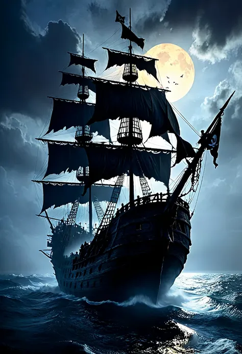 silhouette art, masterpiece, a pirate ghost ship, tattered rigging, tattered black sails, jolly roger flag, materialises from th...