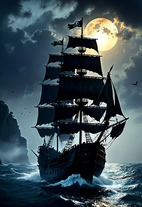 silhouette art, masterpiece, a pirate ghost ship, tattered rigging, tattered black sails, jolly roger flag, materialises from th...