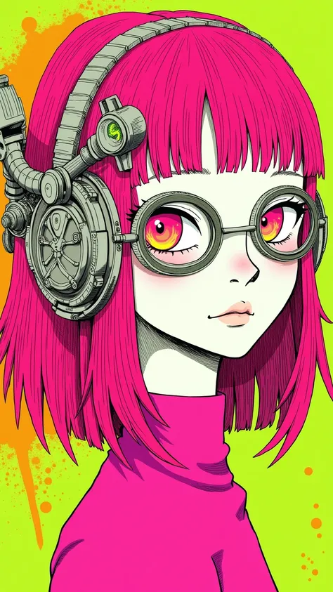 ((best quality)), ((masterpiece)), (detailed), perfect face of cyberpunk mecha japanese girl, neon pink body, neon pink hair, big neon pink eyes, ((monochromatic neon pink, orange and lime green color palette)), surreal, art nouveau, in the illustrative st...