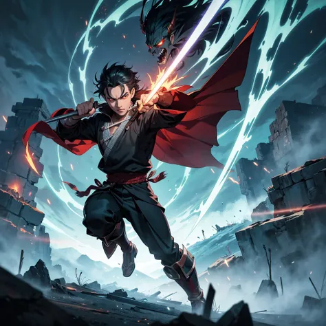 Create an epic and dynamic image featuring a swordsman inspired by the style of Kimetsu No Yaiba (Demon Slayer). The swordsman is seen from behind, leaping forward with his sword drawn, which is enveloped in bright green lightning bolts. The green lightnin...