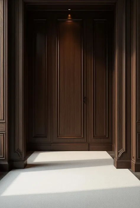 Photo of a dark brown wooden wall with white plush floor and decorative details on the sides that give elegance and style