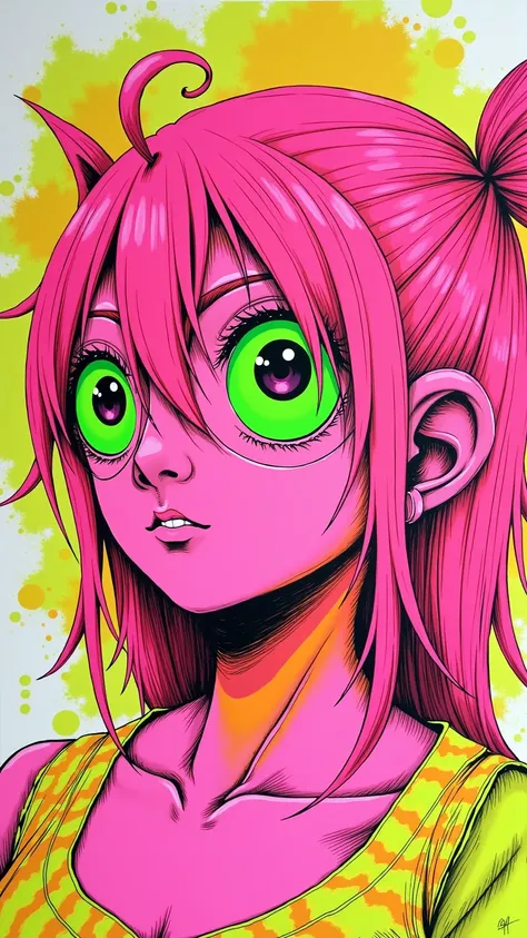 ((best quality)), ((masterpiece)), (detailed), perfect face of cyberpunk mecha japanese girl, neon pink body, neon pink hair, big neon pink eyes, ((monochromatic neon pink, orange and lime green color palette)), surreal, art nouveau, in the illustrative st...