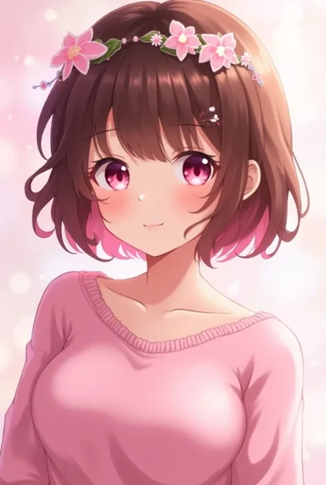  Anime womam with short brown hair with pink hair tips,  pink eyes , pink sweater with a flower crown over her head Pechos 