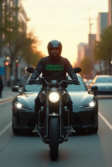 "Create an ultra-realistic image for GoSafe, an on-demand security app. Scene: A professional security escort on a sleek motorcycle in modern tactical gear with a subtle GoSafe logo, escorting a high-end car in a clean, urban street at golden hour. The use...