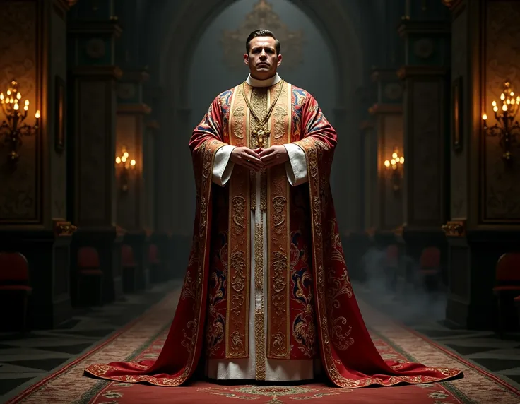 A Catholic priest wearing ceremonial robes that are extravagant and eye-catching, as if designed by famous high-fashion stylists
