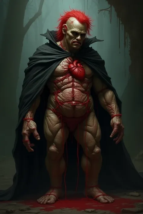 A rpg character villain, his body stitched together like a voodoo doll, with rough, scarred tissue marked with thick red threads holding his shape and defining his muscles. A visible heart rests in an open chest cavity. Subtle vibrations pulse through the ...