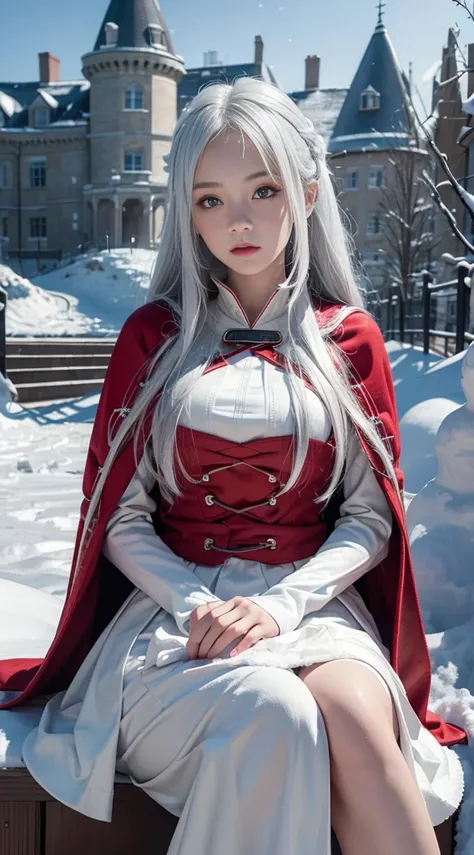 (8K, RAW photogr, realistically:1.4)， A high resolution, 1 Women, Alone,。.。.。.。.。.，sitted,(Lolita costume)，Wear a flowing skirt， pretty eyes, White hair, eye socket, (sitted，redcloak，blanketed in a mantle of snow，Blizzarding:1.3)，Ski slopes，Outside the cas...