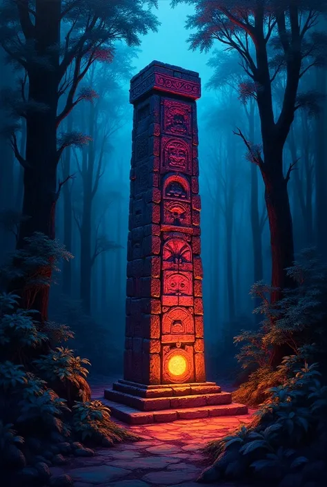 Painting of a Mayan stela illuminated from the back with cyan ,  magenta and electric orange colors in the middle of a forest in the dark night,  avant garde style acrylic technique 
