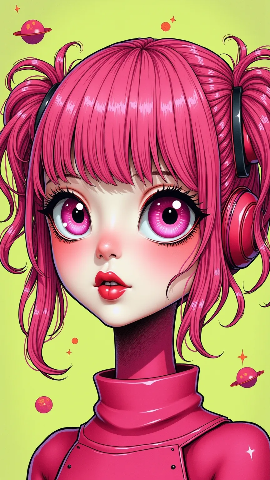 ((best quality)), ((masterpiece)), (detailed), perfect face of cyberpunk mecha japanese girl, neon pink body, neon pink hair, bi...