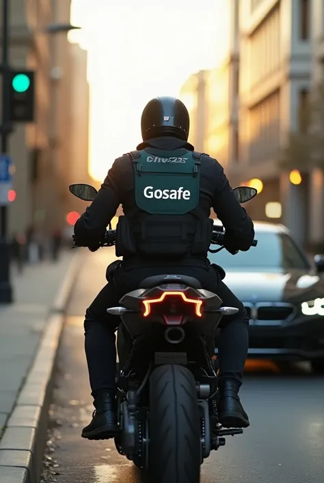 "Create an ultra-realistic image for GoSafe, an on-demand security app. Scene: A professional security escort on a sleek motorcycle in modern tactical gear with a subtle GoSafe logo, escorting a high-end car in a clean, urban street at golden hour. Backgro...