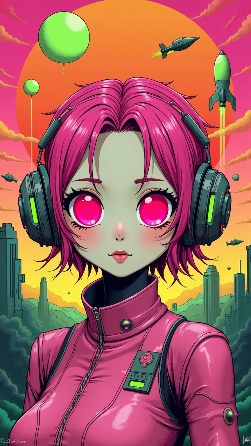 ((best quality)), ((masterpiece)), (detailed), perfect face of cyberpunk mecha japanese girl, neon pink body, neon pink hair, bi...