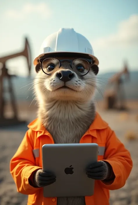  an otter that looks like a civil engineer,  that looks cute , real, trajadora , that has glasses, And in one hand an Apple tablet,  planes that have a white safety helmet, In the background an oil plant ,  and on the other hand some 