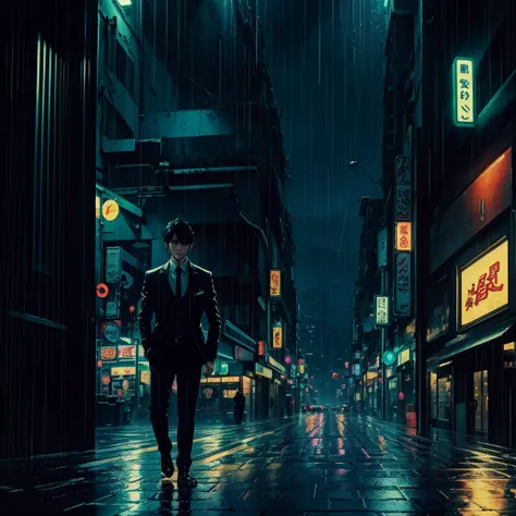 A black-haired character in a black suit walking on a road surrounded by a building with neon lights amidst a rain fountain, Lowfi night cityscape in anime style, positive feelings , hope, relax, Nostalgia