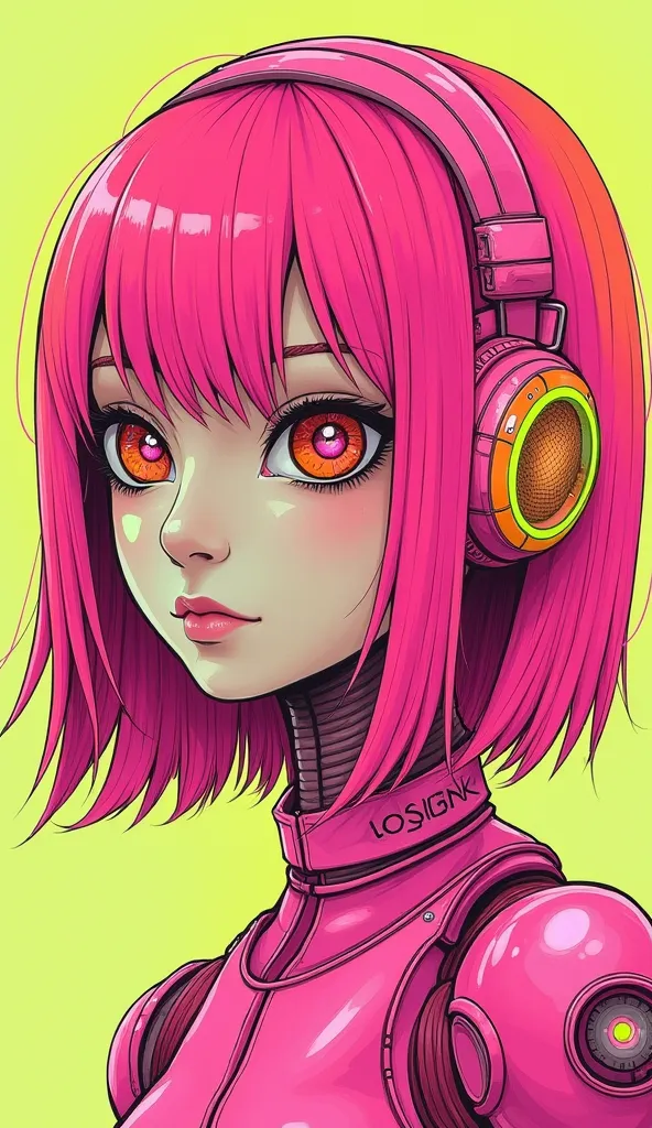 ((best quality)), ((masterpiece)), (detailed), perfect face of cyberpunk mecha japanese girl, neon pink body, neon pink hair, bi...