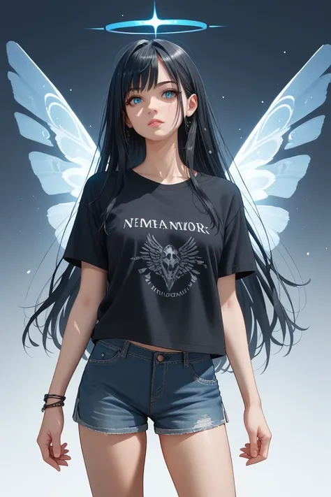 Black Hair，black casual t-shirt，Short shorts，Extra long hair，Halo， blue eyes ，Glowing fragmented wings，tall woman，Bad Woman， Tomorrows Ark Style