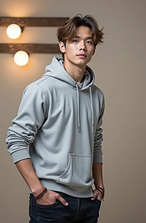 masutepiece, of the highest quality, High Definition)), (Photorealistic,Speciality: 1.4),autumnal/Hair catalog magazine portrait of 20 year old Japan male idol in winter casual style. Wearing Zaras black leather jacket, Gray hoodie, dark jeans, Dr. Black b...