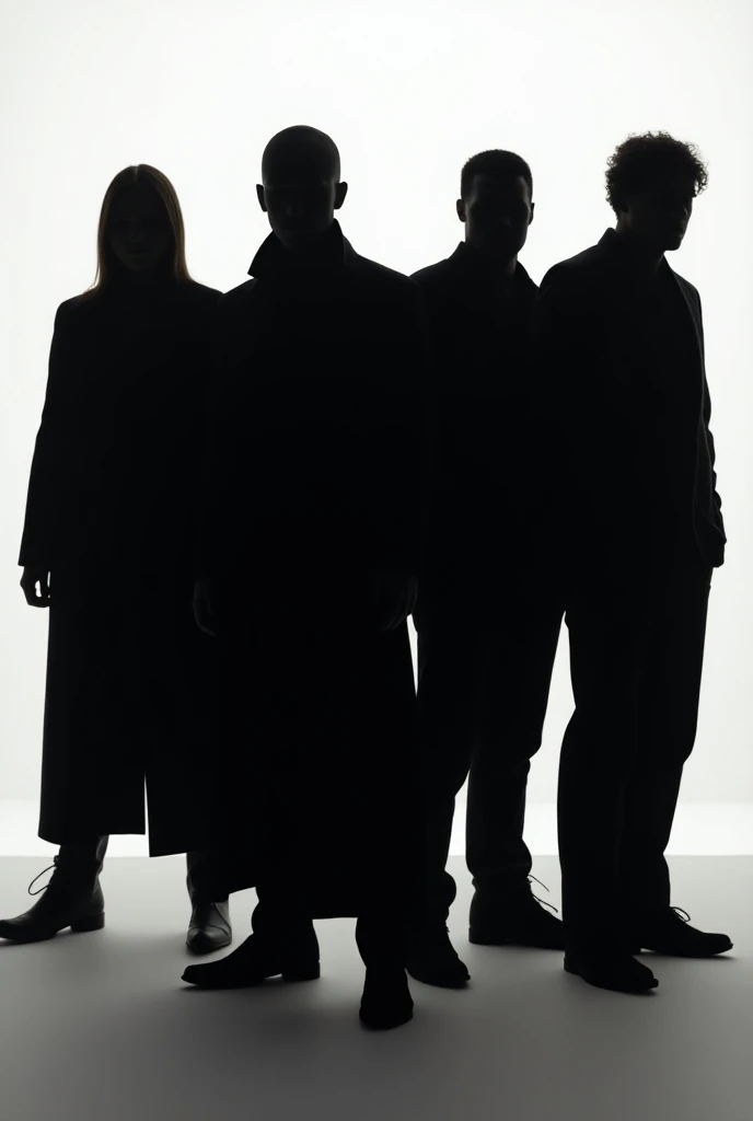  A team of 4 people in incognito , with dark silhouette ,  that can only be seen from the waist up, and png