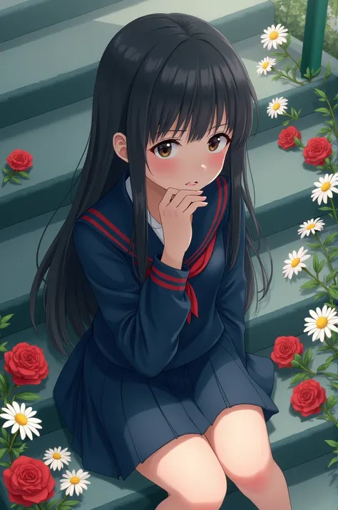  A young Japanese girl with a look lost in deep thoughts .  Sitting on the steps of the Japanese school in her navy blue uniform with a reddish stitching,  she seems thoughtful with a slightly frown . There were flowers around her ,  like the red rose on h...