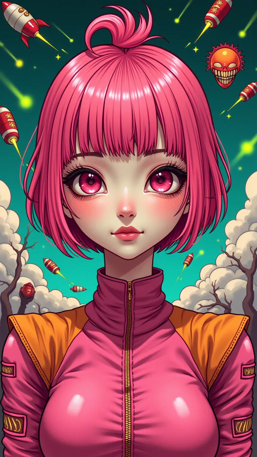 ((best quality)), ((masterpiece)), (detailed), perfect face of cyberpunk mecha japanese girl, neon pink body, neon pink hair, bi...