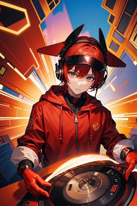 A stunning, colorful artwork featuring , leader boy with red headphones, red hair and black jacket with hood and Dj music. The masterpeace is wonderfull and The scene takes place in an enchanted magical .4k full HD 
