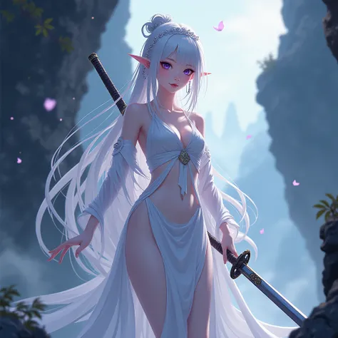 Cliff dwellers,Chinese anime,Ancient Chinese costume,Thin white dress,
,Purple eyes, High Resolution,Big ass, sees navel,  holding a sword,