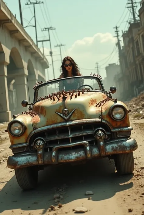 faithful image of an old rusty 1955 cadilac eldorado with METAL spikes on the hood, War vehicle, COM MUITOS ESPINHOS AO REDOR. RODAS GROSSAS, military style with modifications, the car is racing on a street suspended over a destroyed white concrete overpas...