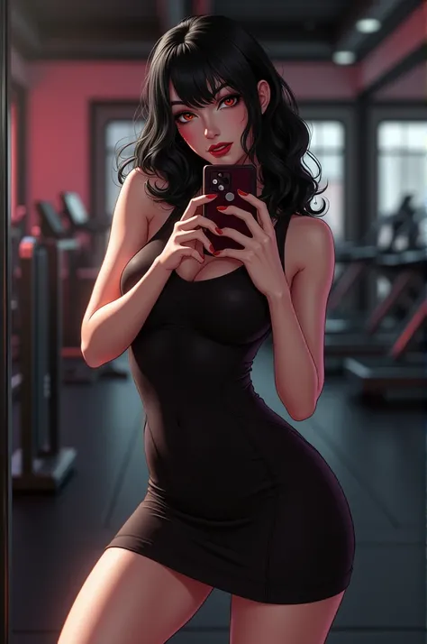 Mavis Dracula very sexy ,  sensual in sporty dress taking a picture in front of the mirror at a gym