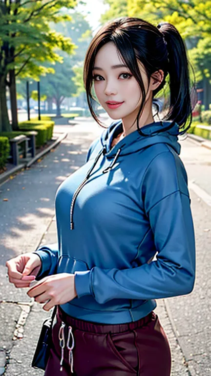 The season is early winter、 sexy single Japanese woman 、Big smile、40 years old、 woman jogging in the park 、Female jogger running briskly 、Black Hair、 has medium hair in a low ponytail、 Brown Eyes 、Long sleeve hoodie+Jogger pants、 cowboy shot、 shot from the...