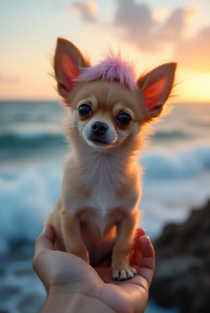 a chihuahua dog wearing a wig, looking at the sea, photorealistic, high resolution, detailed fur, cute expression, ocean waves, sunset sky, cinematic lighting, vibrant colors,  purched on human hand