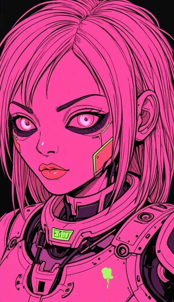 ((best quality)), ((masterpiece)), (detailed), perfect face of cyberpunk mecha japanese girl, neon pink body, neon pink hair, bi...