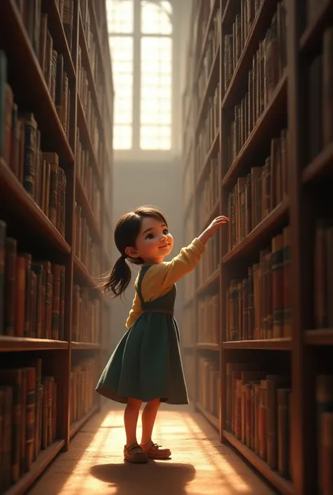 Flesh and blood girl, 10 years old in a library