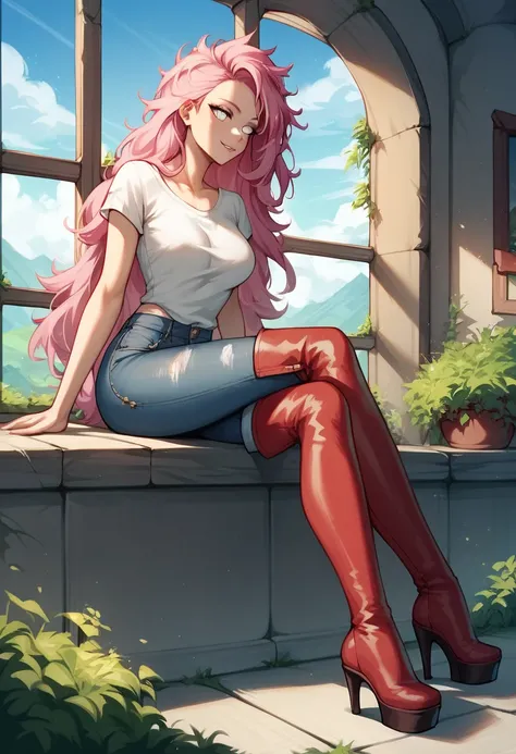 score_9, score_8_up, score_7_up, score_6_up, score_5_up, score_4_up, source_anime, 1woman, sexy face, sit, pink hair, long hair, white eyes, croosed legs, messy hair, white shirt, jeans shorts, red thigh high boots, platforms, heels, day, windows, beautifu...