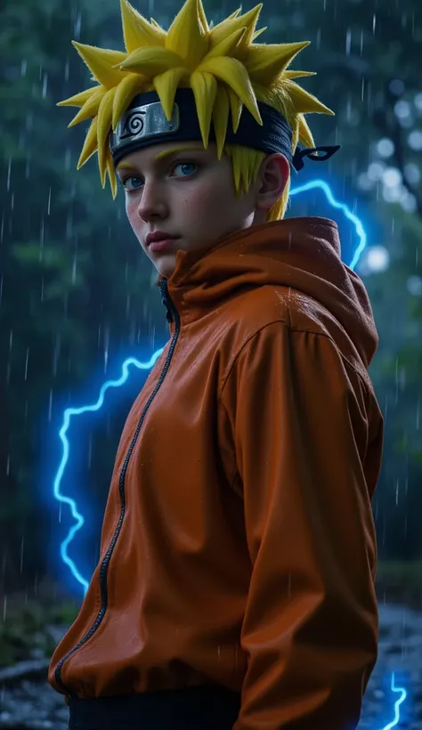 Naruto Uzumaki in a medium shot, age 16, whisker marks, standing in heavy rain against a dark forest background. Wearing wet orange jacket, water dripping from his blonde spiky hair. Konoha headband with detailed metal texture. Blue chakra energy swirling ...