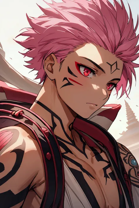 An 18-year-old RYOMEN SUKUNA man with pink hair with tattoo